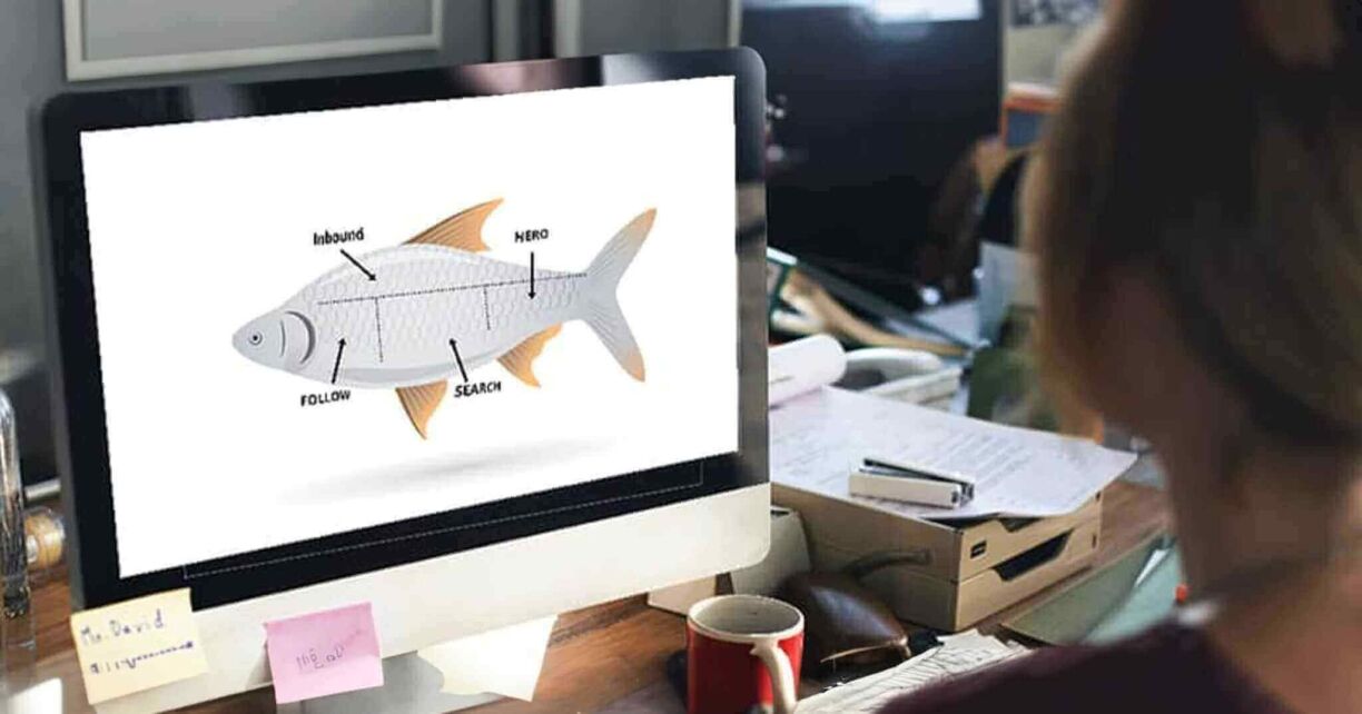 Marketing FISH Modell und Content RADAR Grafik Strategie-Tools 13 Application of the Marketing FISH model on the desktop, including strategy tools for content and Content RADAR graphics.